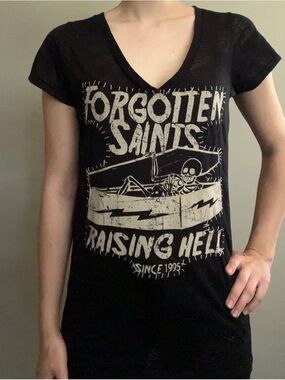 Forgotten Saints "Raising Hell" Black Stitched Graphic Tee V Neck, Small, Punk